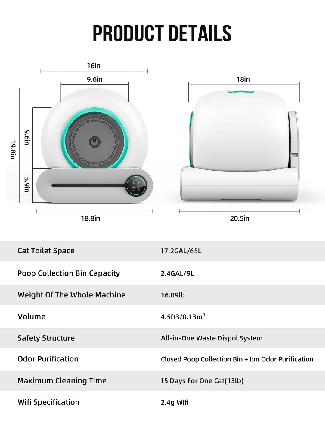 Automatic Cat Litter Box with Mat & Liners